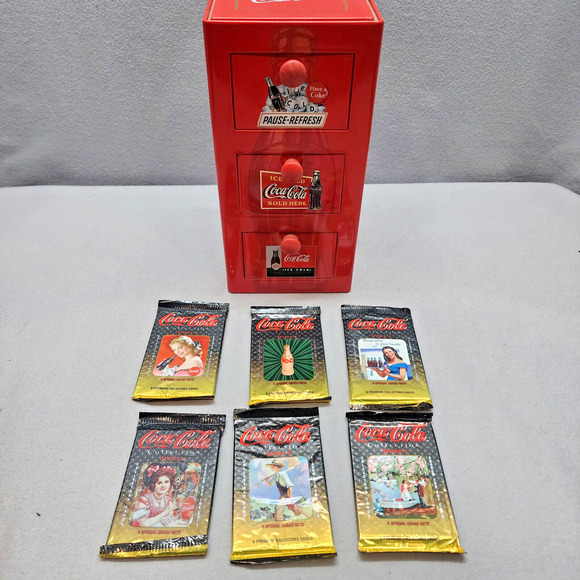 Coca Cola Red Tin Box Metal 3 Drawer File Cabinet with 6 sets of Collector Cards - Picture 1 of 15